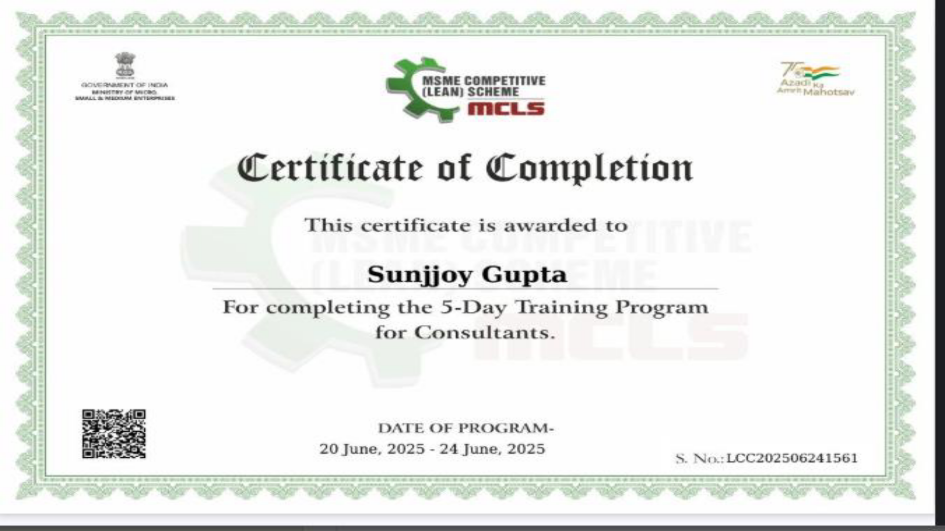 MSME Competitive (Lean) Scheme — Certificate of Completion, Sunjjoy Gupta