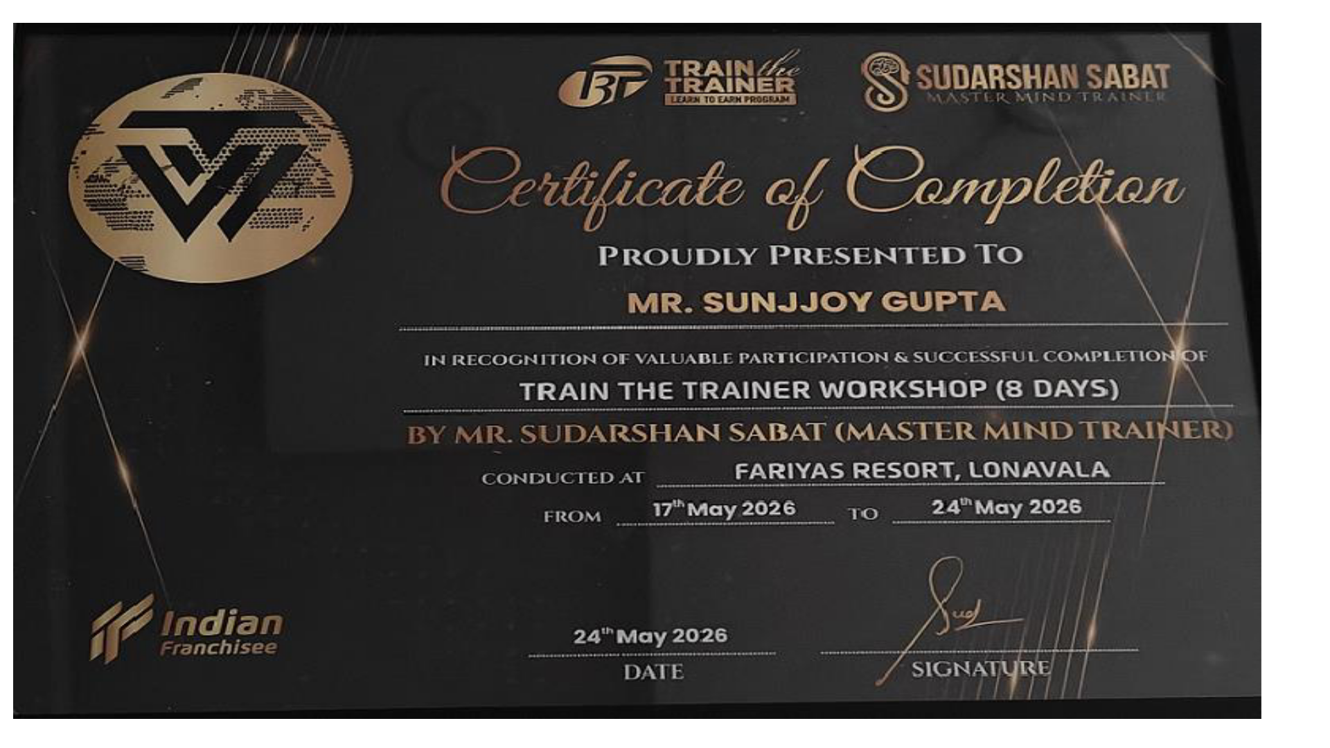 Train the Trainer Workshop — Certificate of Completion, Sunjjoy Gupta