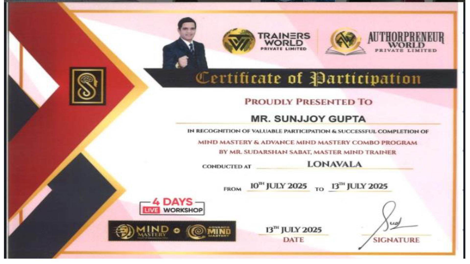 Mind Mastery & Advance Mind Mastery Program — Certificate, Sunjjoy Gupta