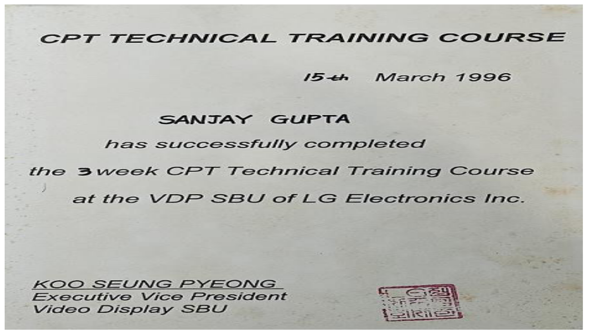 CPT Technical Training Course, LG Electronics — Sunjjoy Gupta